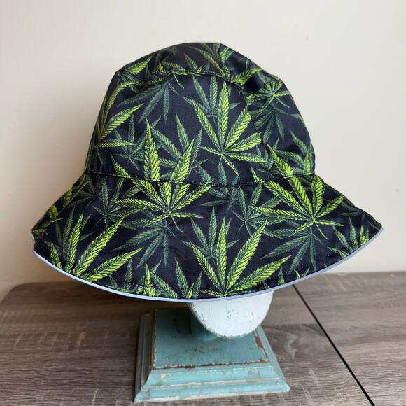 Tropical Bucket Hat Reversable Reflective Black OSFA Green Graphic Boho Hippie - Picture 1 of 12